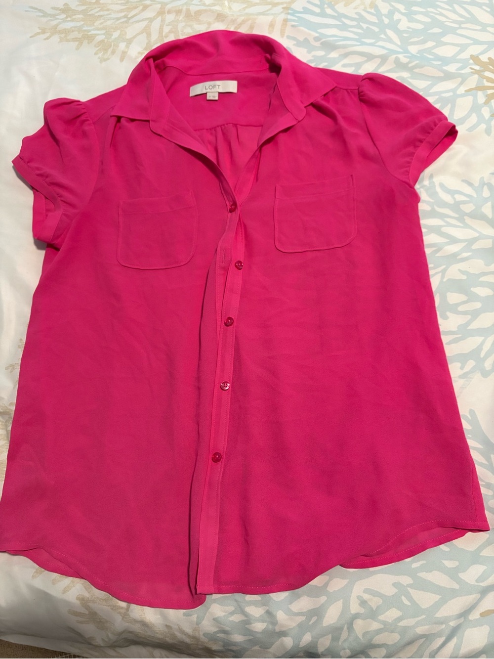 LOFT Women's Button-Front Short Sleeve Blouse in Fuchsia length 25 inches